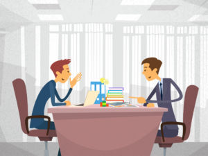 Two Business Man Talking Discussing, Businessmen Chat Sitting Office Desk Concept Communication Flat Vector Illustration
